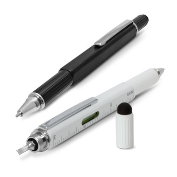 A black and silver multi-function pen and a white pen with a ruler and level, featuring a brand logo. A black and silver multi-function pen and a white pen with a ruler and level, featuring a brand logo.