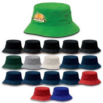 A range of bucket hats in various colours, including green, black, navy, and red, featuring a logo on one. A range of bucket hats in various colours, including green, black, navy, and red, featuring a logo on one.