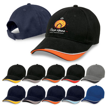 A collection of caps in various colours with contrasting brims, featuring a logo on the front of one cap.