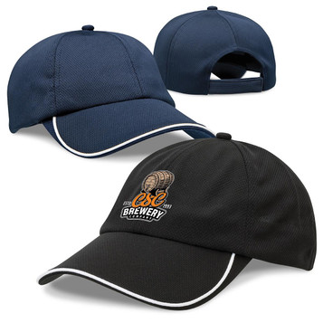 A navy blue cap and a black cap with white detailing, featuring a logo on the front.
