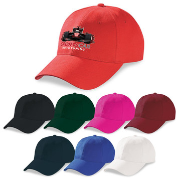 A red cap with a logo, surrounded by caps in black, green, pink, burgundy, blue, and white.