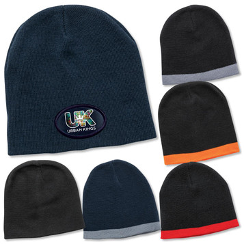 A collection of beanies in various colours, featuring a logo on one beanie. A collection of beanies in various colours, featuring a logo on one beanie.