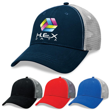 A Lo-Pro Mesh Trucker Cap in navy with a logo, accompanied by caps in black, red, and blue. A Lo-Pro Mesh Trucker Cap in navy with a logo, accompanied by caps in black, red, and blue.