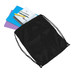 A black drawstring bag containing notebooks and writing instruments. The bag features a branded logo.