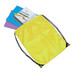 A yellow drawstring bag containing notebooks and pens, with black drawstrings for closure. It has a logo.