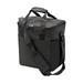 A black cooler bag with a zippered top, short handles, and a removable shoulder strap. It has an outer pocket and a logo.