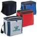 A collection of large cooler bags in black, blue, red, and grey, each with a zippered closure and a shoulder strap.