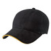 A black cap with a yellow accent on the brim and a logo on the front. Suitable for casual wear.