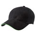 A black cap with a contrasting green peak and an adjustable strap, featuring ventilation holes and a logo.