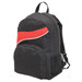 A black backpack with a red accent and a mesh side pocket, featuring a logo on the front.