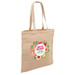 A beige eco jute tote bag with two handles and a floral design featuring various colours. It has a logo on one side.
