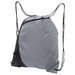 A drawstring bag in grey and black featuring a zip pocket and two cord straps. Includes a logo.