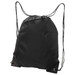 A black drawstring bag with a zippered pocket and two adjustable cord straps. It features a logo.