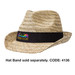 A straw fedora hat featuring a black band and a colourful logo, designed for warm weather. A straw fedora hat featuring a black band and a colourful logo, designed for warm weather.