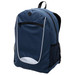 A navy blue backpack with a front zip pocket, mesh side pockets, and a logo on the front.