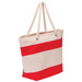 A beige cotton canvas tote bag with red stripes and rope handles, featuring a logo on the side.