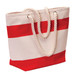 A tote bag in cream canvas with bold red stripes and rope handles. It features a logo.