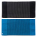 A reversible two-tone towel featuring black with stripes on one side and blue with stripes on the other side. It has a logo. A reversible two-tone towel featuring black with stripes on one side and blue with stripes on the other side. It has a logo.