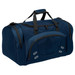 A navy duffle bag with multiple zippered compartments and a front pocket. It has black handles and a logo. A navy duffle bag with multiple zippered compartments and a front pocket. It has black handles and a logo.