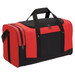 A red and black duffle bag with handles and a zippered compartment, featuring a logo on the front.