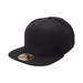 A black snapback cap with a flat brim and a logo on the front.