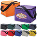 A selection of cooler bags in various colours, featuring a logo on one bag. The bags have black straps and zip closures.