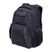 A black laptop backpack with multiple pockets and zippers, featuring a sleek design and a subtle logo.