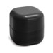 A round, black container with a smooth finish, featuring a slightly rounded top and a separate lid.