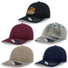 A collection of five caps in black, maroon, denim, beige, and navy, each featuring a logo.