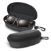 A black zippered case opens to reveal bamboo-framed sunglasses inside, showcasing dark lenses. A black zippered case opens to reveal bamboo-framed sunglasses inside, showcasing dark lenses.