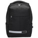 A black laptop backpack with a textured finish, front pocket, and a reflective stripe. Features a branding logo. A black laptop backpack with a textured finish, front pocket, and a reflective stripe. Features a branding logo.