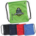 A green drawstring bag with a logo, accompanied by black, red, and blue variants, featuring a zippered pocket.