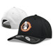 A black cap with a logo on the front and a white underside. The back features a snap closure.