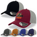 A collection of caps in black, maroon, grey, blue, and orange featuring a logo on the front.