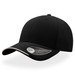 A black cap with a curved visor and a contrasting under-visor, featuring a logo on the side.