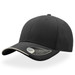 A black cap with a curved brim and a contrasting underside, featuring a logo on the side.