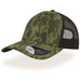 A trucker cap in green camo print with a black mesh back and a mid visor. Features a logo on the side. A trucker cap in green camo print with a black mesh back and a mid visor. Features a logo on the side.