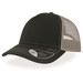 A black cap with a mesh back, featuring a curved peak and a logo on the side.