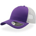 A purple trucker cap featuring a curved visor and a white mesh back, with a logo present.