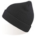 A black knitted beanie with a rolled cuff and a textured design, featuring a logo.