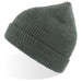 A grey Woolly Beanie with ribbed texture and a tapered top, featuring a logo.