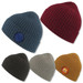A collection of beanies in blue, burgundy, olive green, grey, and mustard, featuring various logos.