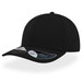 A black cap with a structured design and a curved brim, featuring a branding logo on the side.