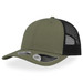A green cap with a black mesh back, featuring a rounded visor and a branded tag on the side.