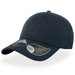 A dark navy cap with a curved visor, featuring a logo on the side.