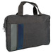 A grey satchel with a structured design, featuring three vertical stripes in green and blue. It has a logo on the front.