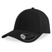 A black cap with a curved visor and a logo on the side.