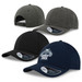 A collection of caps in grey, black, and navy, featuring a logo on the navy cap. Each has a branded tag.