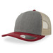 A grey and maroon trucker cap with a mesh back and a curved brim. It features a logo on the front. A grey and maroon trucker cap with a mesh back and a curved brim. It features a logo on the front.