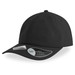 A black cap with a mid visor, featuring a logo and a smooth texture.